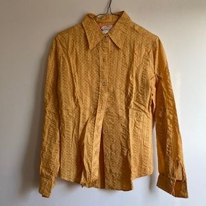 Vintage Lady Manhattan blouse, golden yellow with polka dots, size 13/14